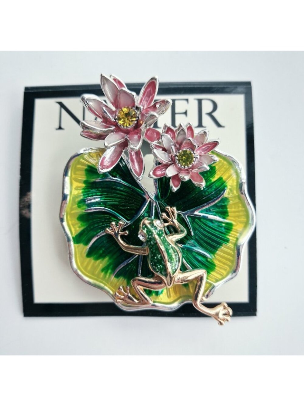 Napier Frog on Lily Pad Brooch Pin Gold Tone Enamel Rhinestone Lotus Flower 3"